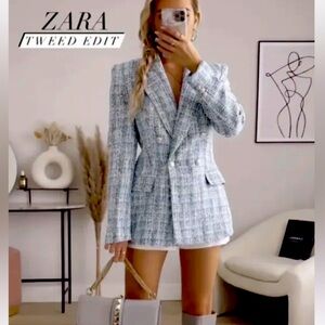 Zara blue tweeted blazer w silver buttons